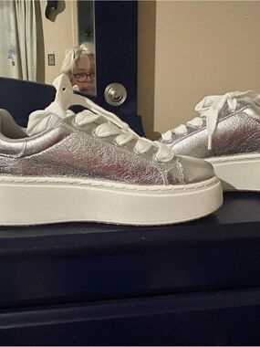 Women's Silver Platform Lace-Up Sneakers